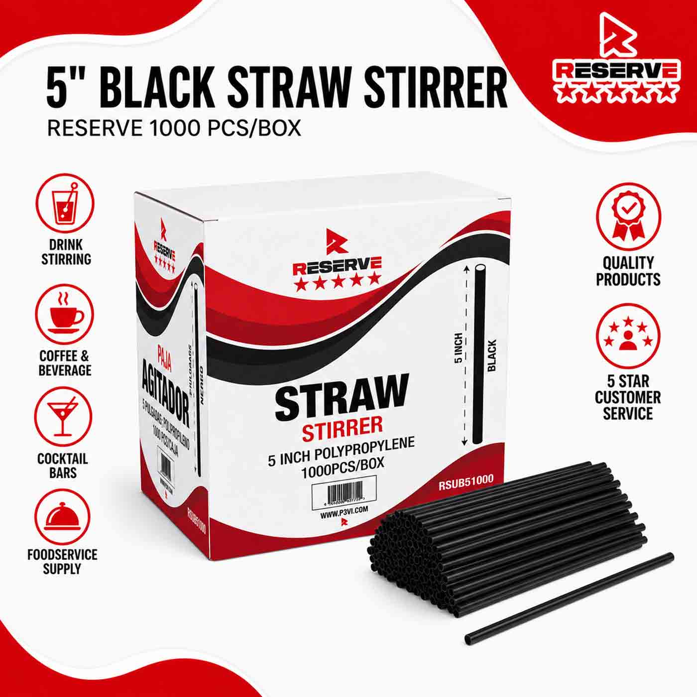 STIRRER 5” STRAW BLACK RESERVE 10/1000..