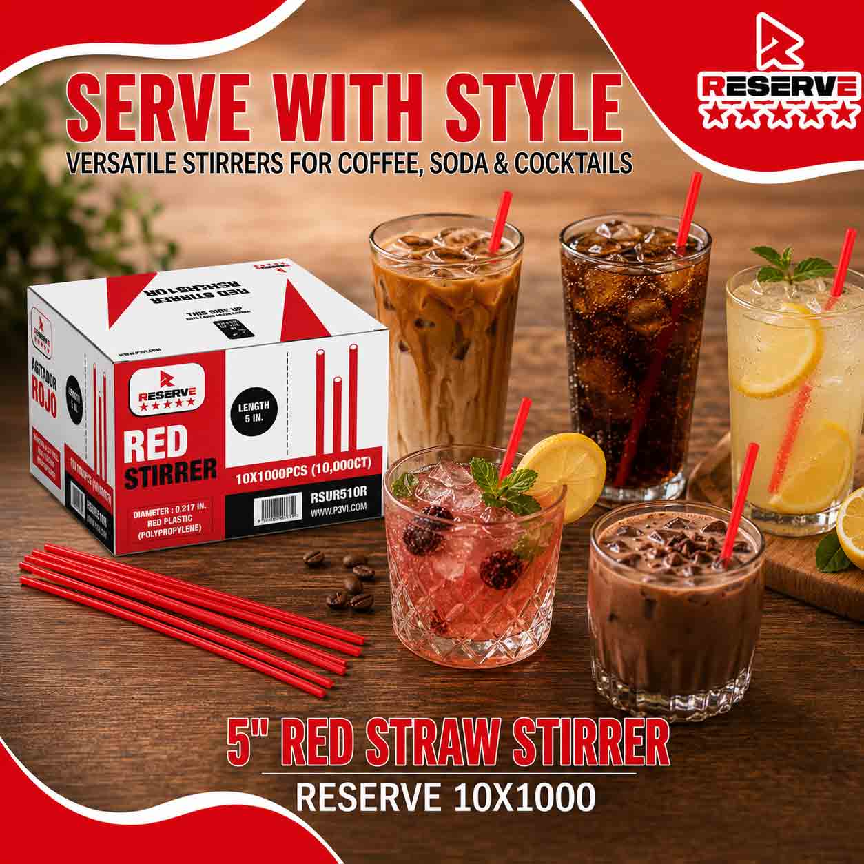 STIRRER 5” STRAW RED RESERVE 10/1000..