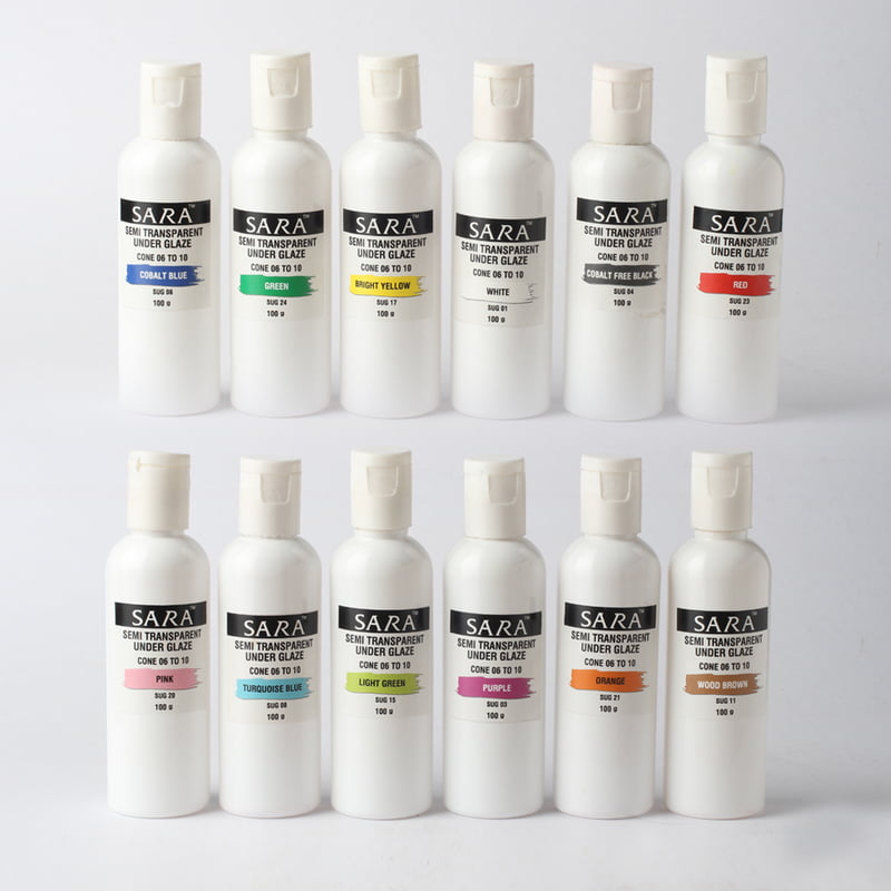 Combo Big 1: Sara Semi Transparent  Underglazes - Pack of 12 Colours (100gm) Combo Big 1: Sara Semi Transparent  Underglazes - Pack of 12 Colours (100gm)