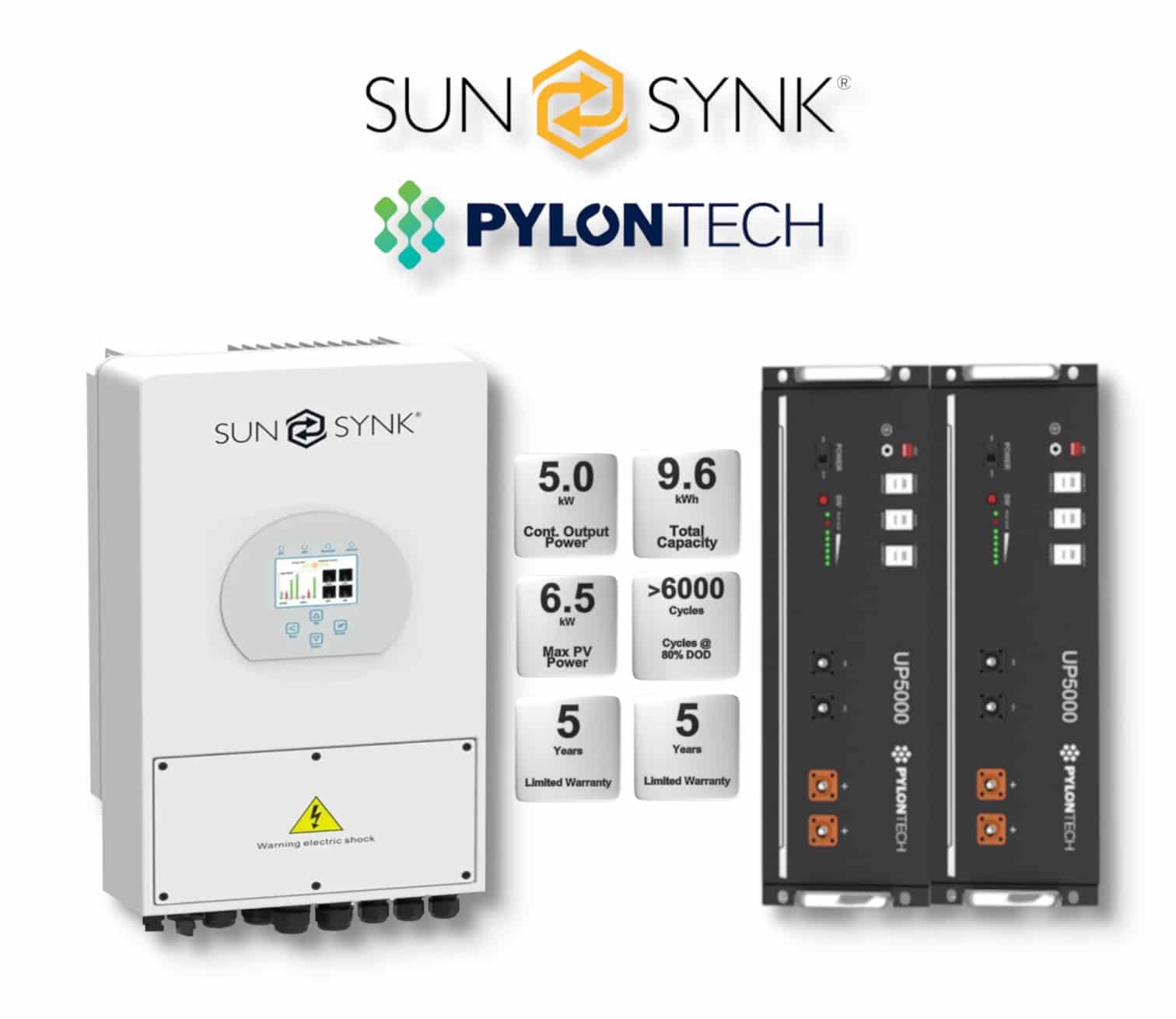 5.0 kW SUNSYNK Hybrid - PYLONTECH Combo, c/w 2x 4.8 kWh Lithium Batteries