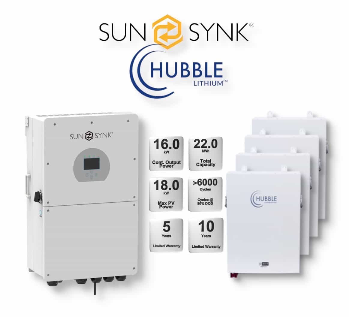 16.0 kW SUNSYNK Hybrid - HUBBLE Combo, c/w 4x 5.5 kWh Lithium Batteries