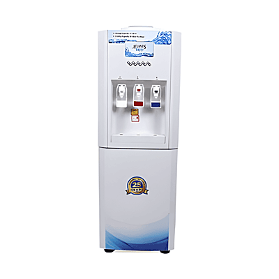 White floor standing water dispenser featuring hot, cold, and ambient water taps with RO filtration.
