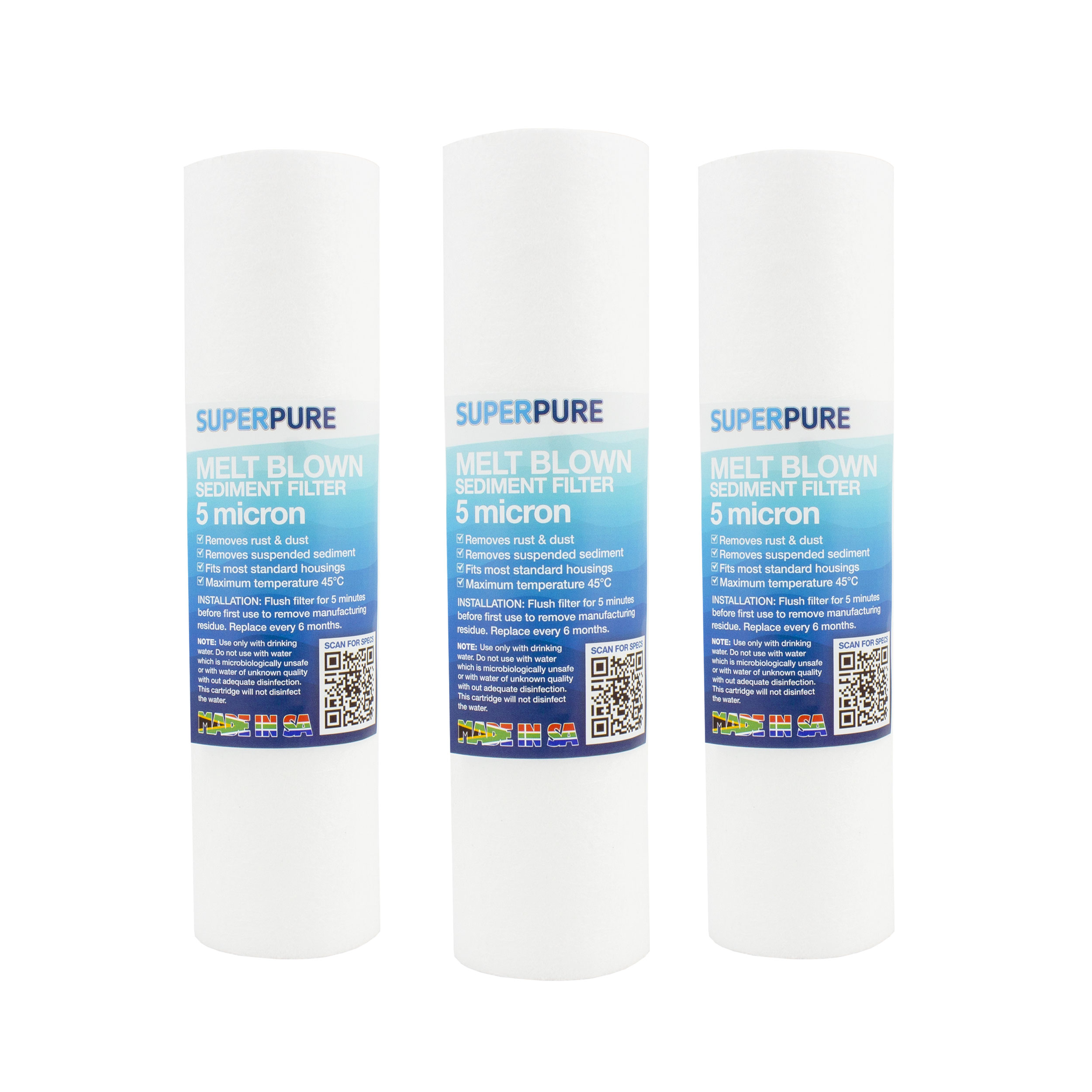 SUPERPURE 10 inch Melt Blown Sediment Filter - 5 Micron (3 Pack)