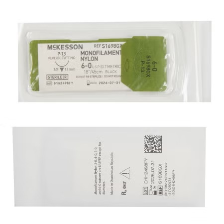 McKesson Nylon Suture with P-13 Precision Reverse Cutting Needle, 6-0, 18 Inch, (BX/12EA)
