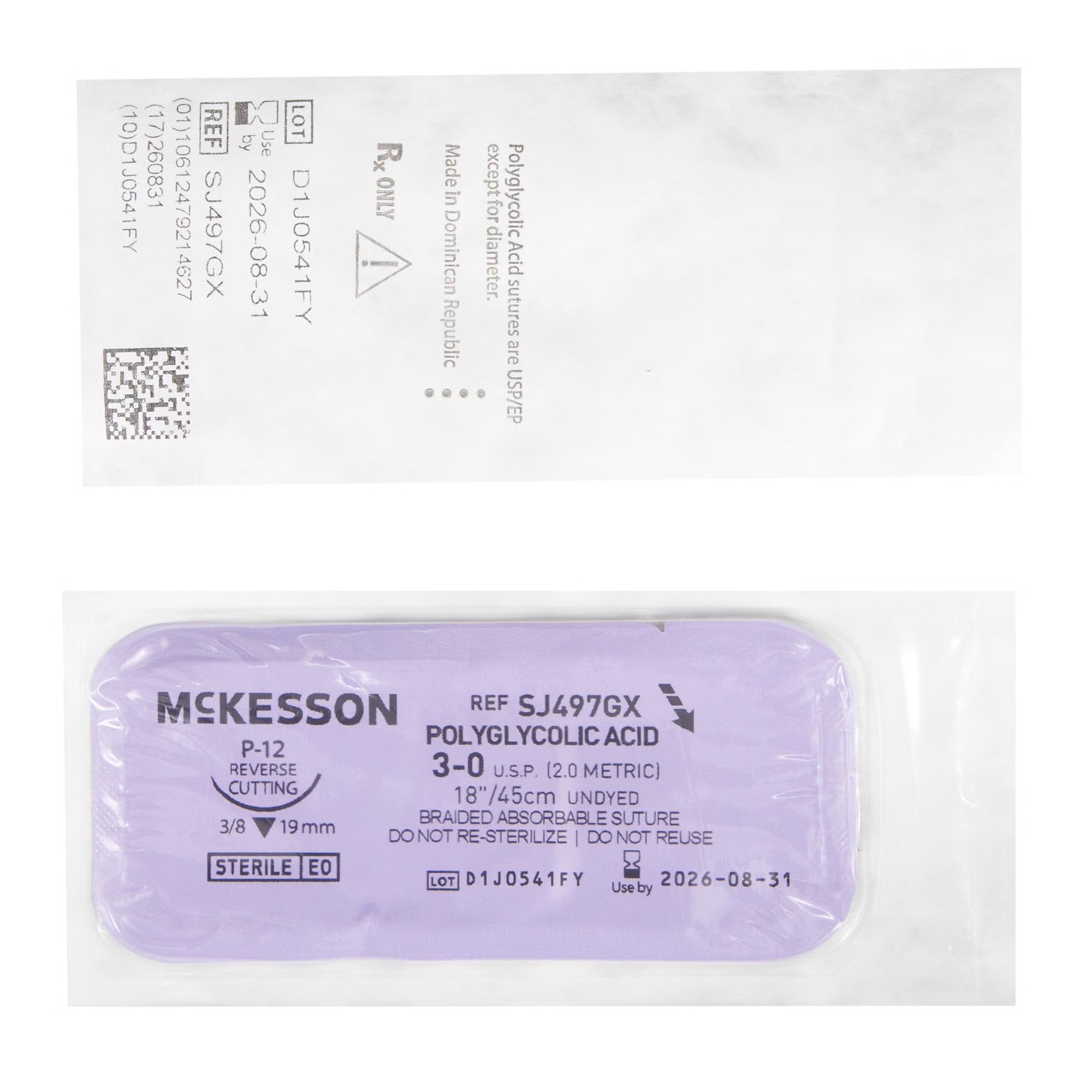 McKesson Polyglycolic Acid Absorbable Suture with P-12 Precision Reverse Cutting Needle, 3-0, 18 Inch, (BX/12EA)