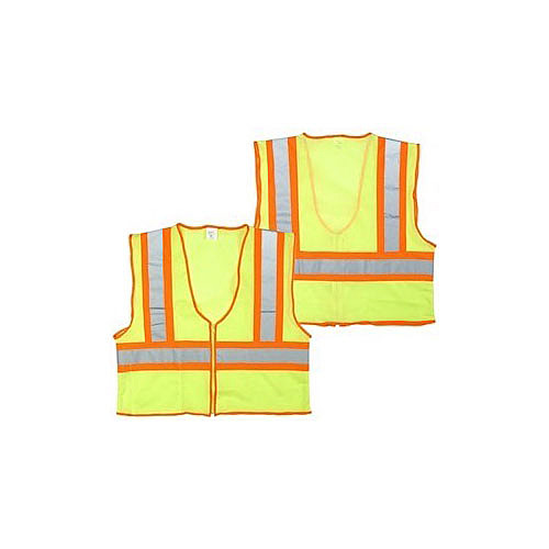 Yellow mesh, reflective tape, inside pocket, orange trim, zipper, class II