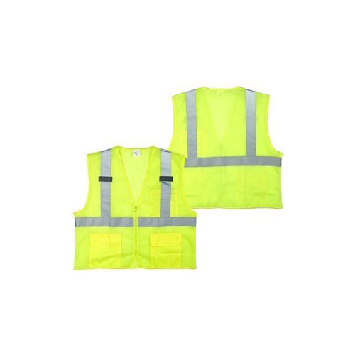 Yellow mesh, reflective tape, outside pockets, zipper, class II