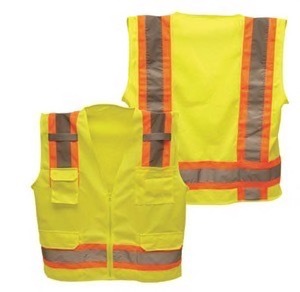Yellow, solid 100% polyester front and mesh back, orange trim, class II, 6 pockets