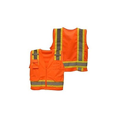 Orange, 100% polyester solid front and mesh back, class II, 6 pockets