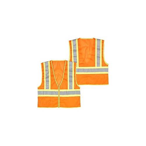Orange mesh, reflective tape, inside pocket, yellow trim, zipper, class II
