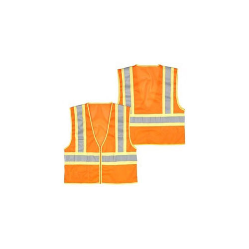 Orange mesh, reflective tape, inside pocket, yellow trim, zipper, class II