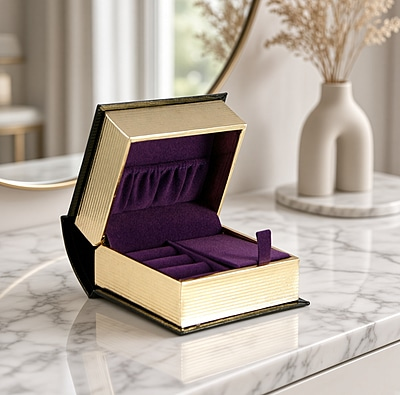 Miniature Book-Shaped Jewelry Box – Black Leatherette with Satin-Lined Presentation. SKU #: SYLTR1.