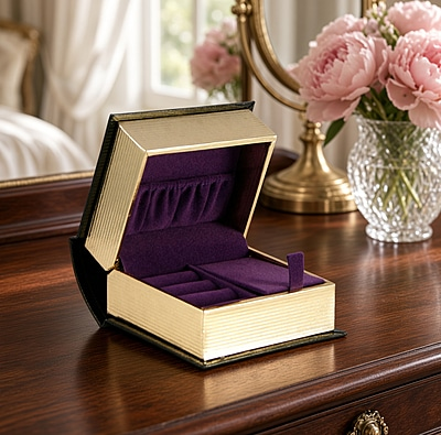 Miniature Book-Shaped Jewelry Box – Black Leatherette with Satin-Lined Presentation. SKU #: SYLTR1.
