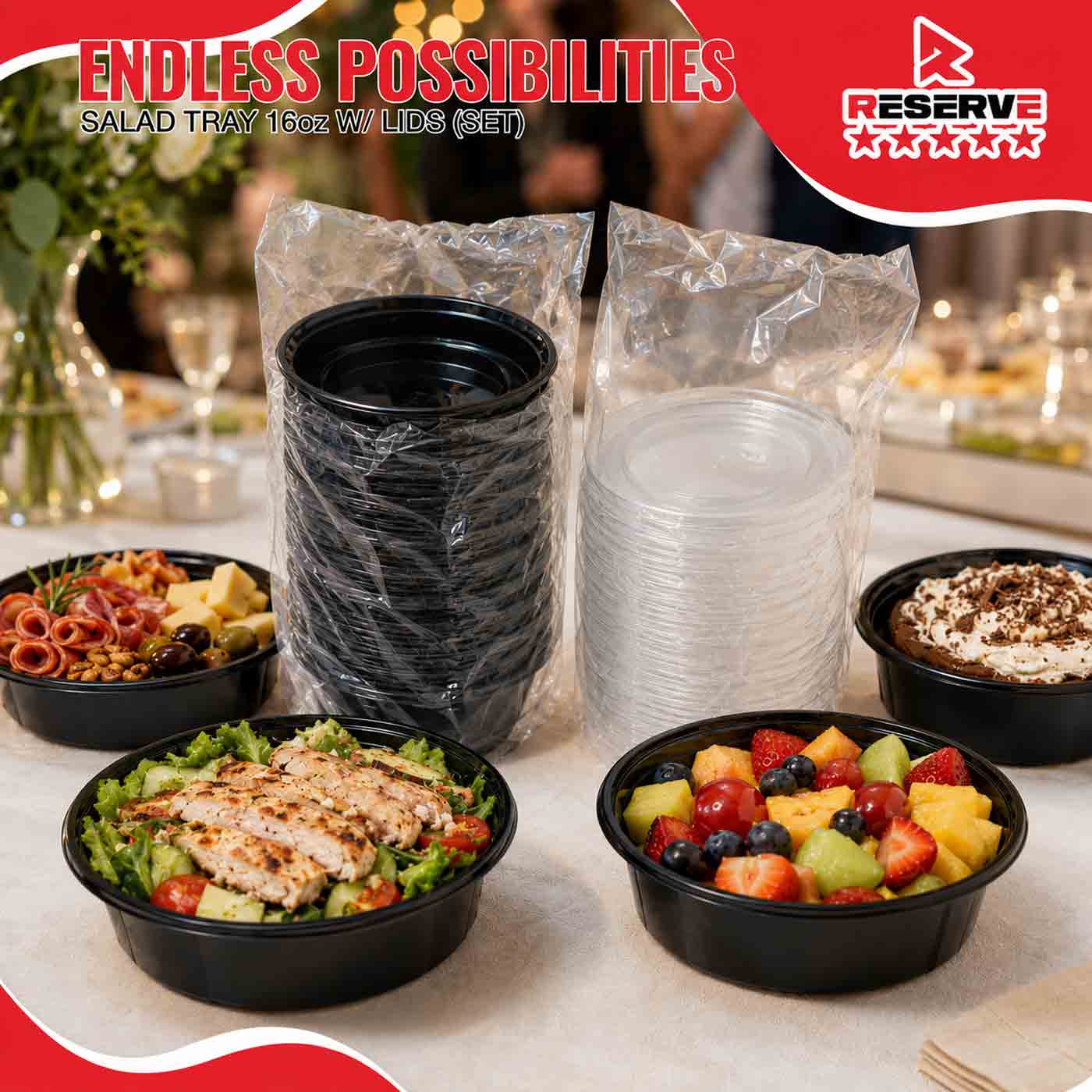 Salad Tray 16oz w/ Lids (set) Reserve Blk 3/50