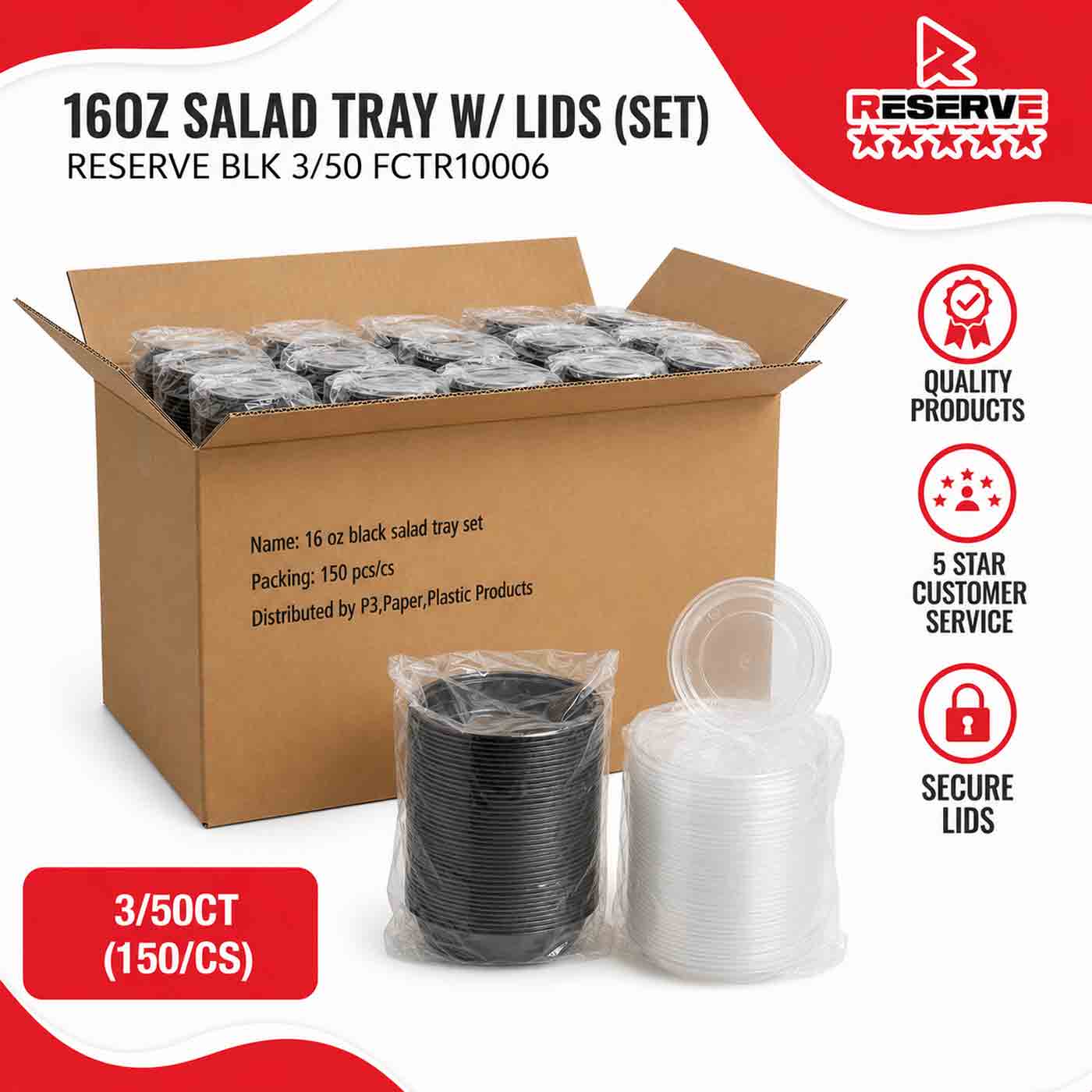 Salad Tray 16oz w/ Lids (set) Reserve Blk 3/50