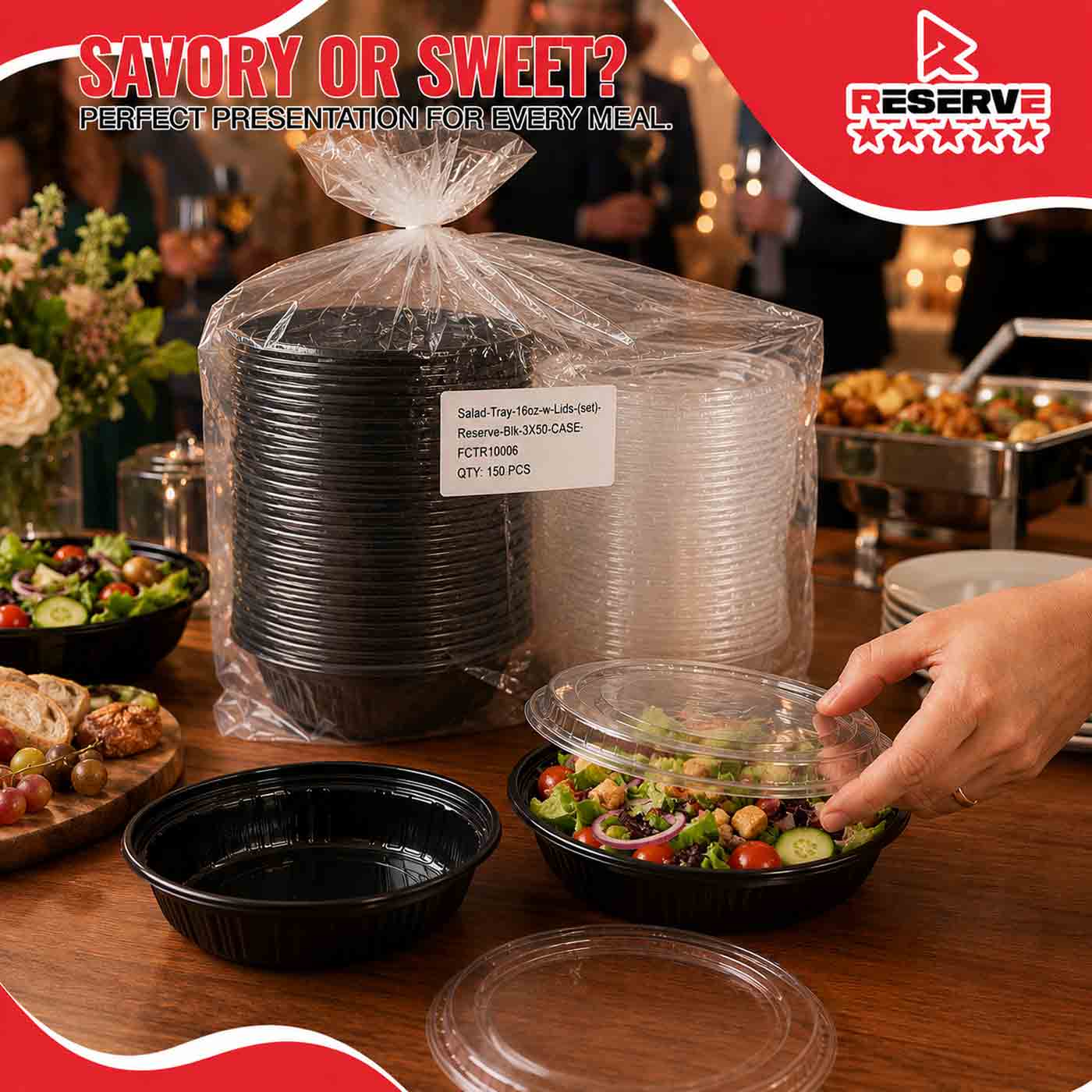 Salad Tray 16oz w/ Lids (set) Reserve Blk 3/50