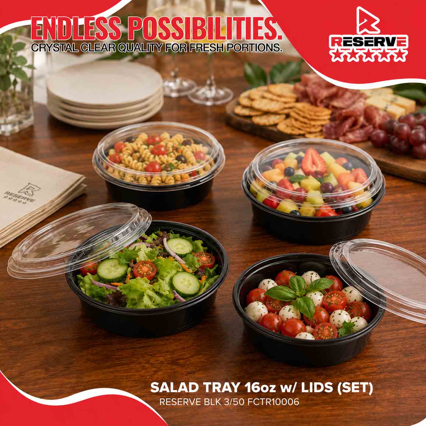 Salad Tray 16oz w/ Lids (set) Reserve Blk 3/50