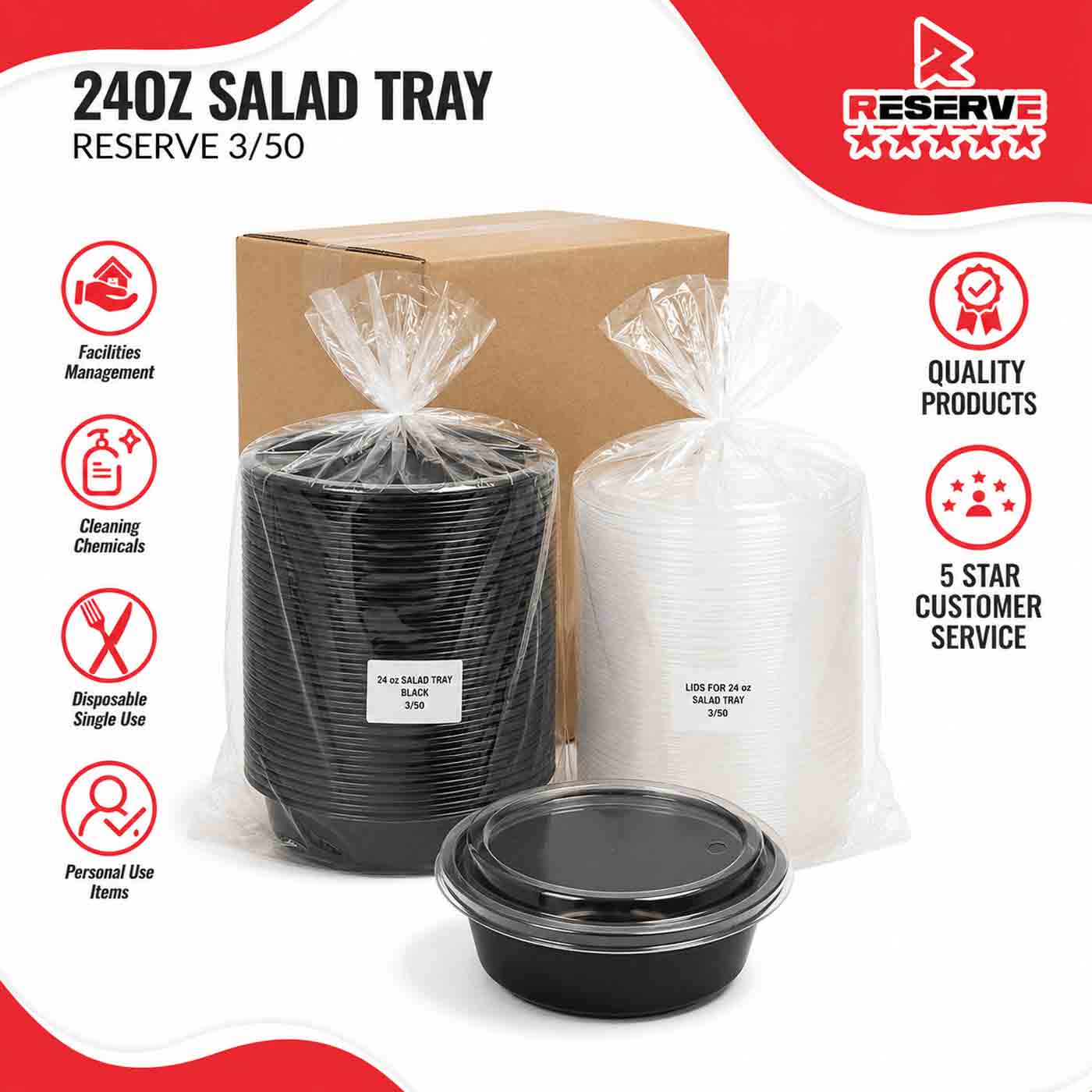 Salad Tray 24oz w/ Lids (set) Reserve Blk 3/50