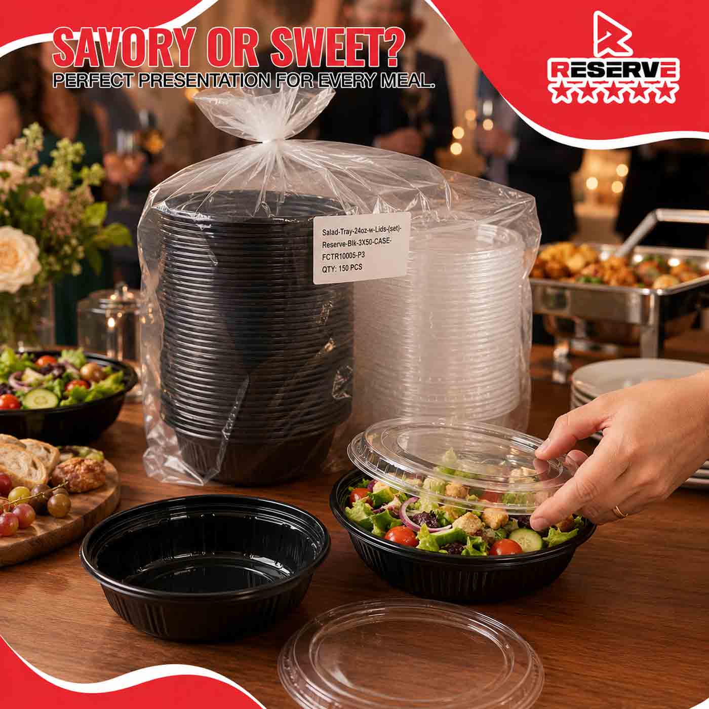 Salad Tray 24oz w/ Lids (set) Reserve Blk 3/50
