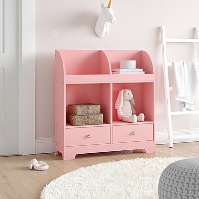 Pink Wooden Kids Storage Shelf with Drawers – Toy & Book Organizer for Girls' Room