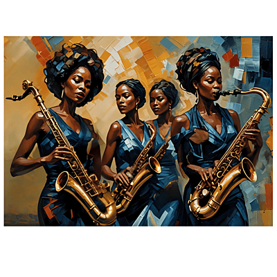 "Jazz Queens: A Symphony in Blue" – Printed Canvas Wall Art | UNFRAMED "Jazz Queens: A Symphony in Blue" – Printed Canvas Wall Art | UNFRAMED