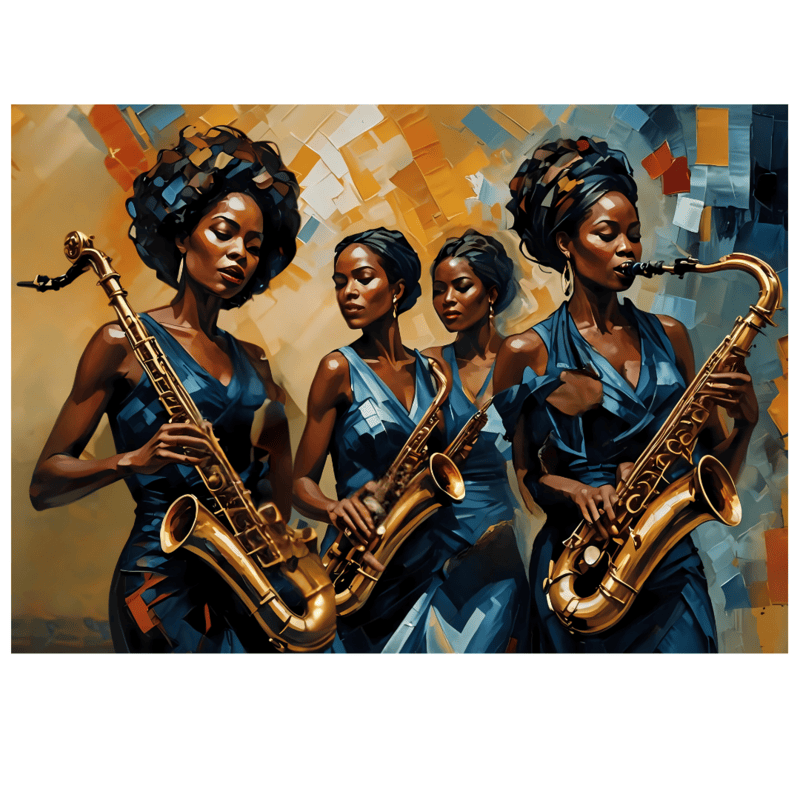 "Jazz Queens: A Symphony in Blue" β Printed Canvas Wall Art | UNFRAMED "Jazz Queens: A Symphony in Blue" β Printed Canvas Wall Art | UNFRAMED