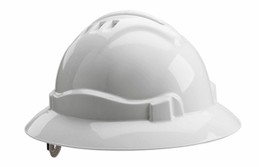 Full Brim Hard Hat, Ratchet Adjustment, Unvented, White