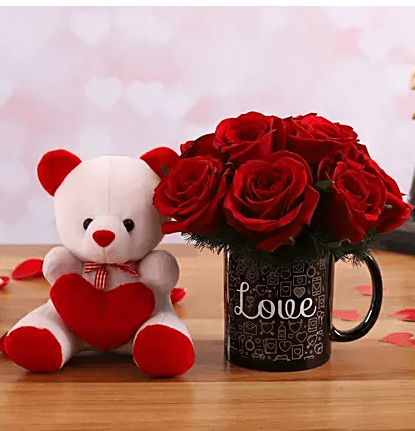 Red Roses Arrangement In Love Printed Mug and Cute Teddy Red Roses Arrangement In Love Printed Mug and Cute Teddy