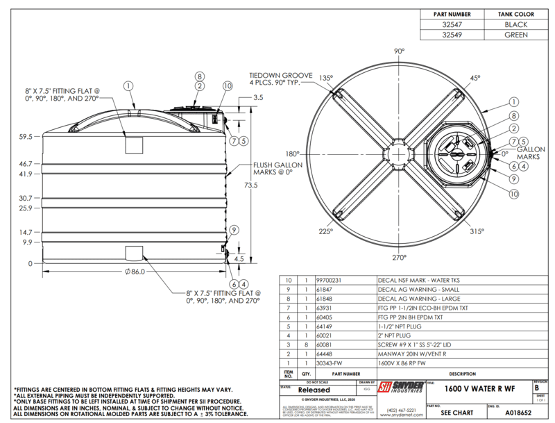 Snyder Industries 1600 Gallon Black Vertical Water Tank