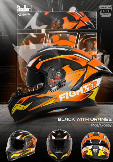 STEELBIRD SBH-57 ISS FIGHTER F7 GLOSSY BLACK/ORANGE C/V 580MM WITH EXTRA SMOKE VISOR STEELBIRD SBH-57 ISS FIGHTER F7 GLOSSY BLACK/ORANGE C/V 580MM WITH EXTRA SMOKE VISOR