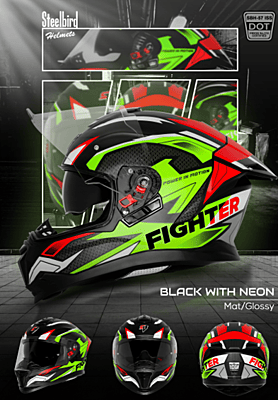 STEELBIRD SBH-57 ISS FIGHTER F7 MATT BLACK/NEON C/V 580MM WITH EXTRA SMOKE VISOR