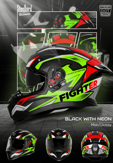 STEELBIRD SBH-57 ISS FIGHTER F7 MATT BLACK/NEON C/V 580MM WITH EXTRA SMOKE VISOR STEELBIRD SBH-57 ISS FIGHTER F7 MATT BLACK/NEON C/V 580MM WITH EXTRA SMOKE VISOR