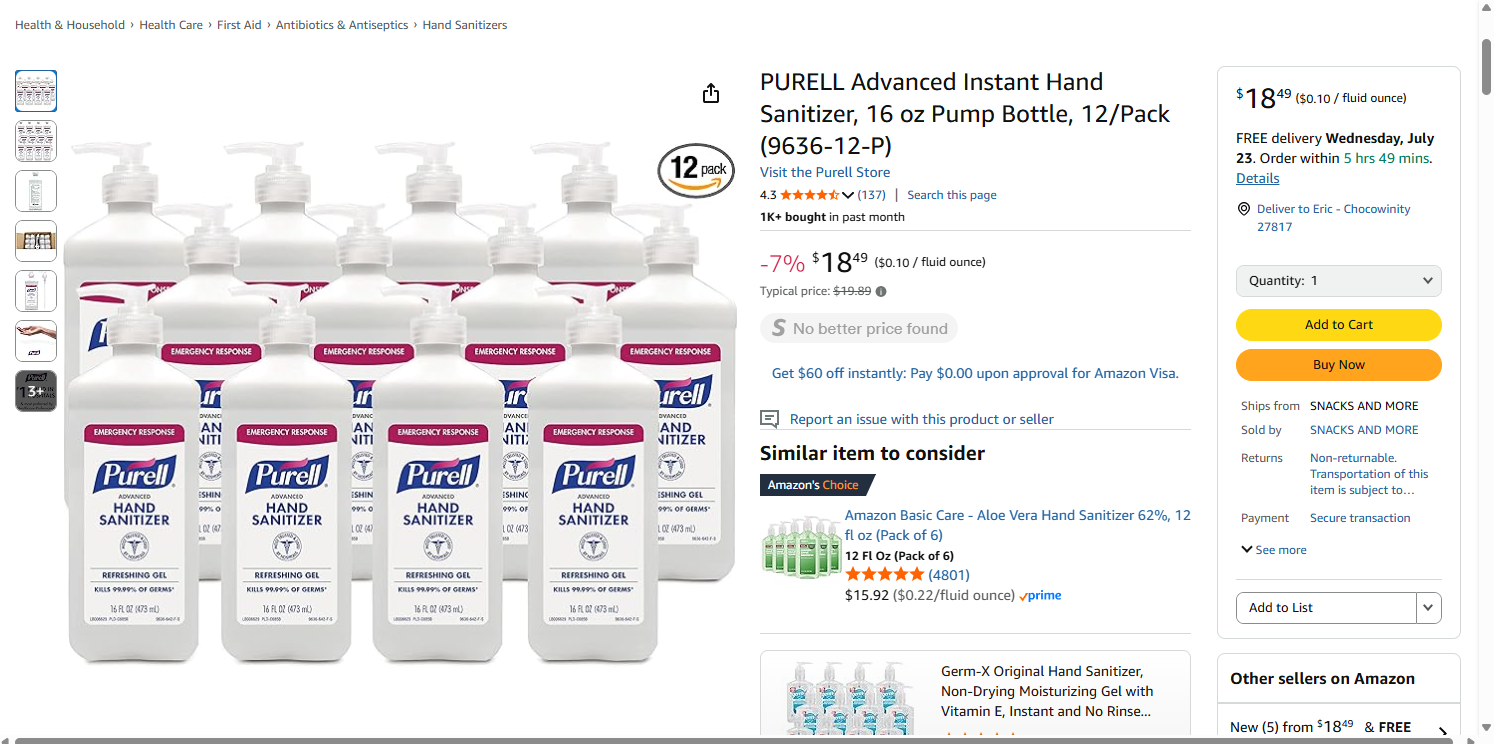 (04) Purell 16oz Pump Sanitizer - 576 Bottles Pallet  - 70% Alcohol - Retail $9 | $0.75 Each your price