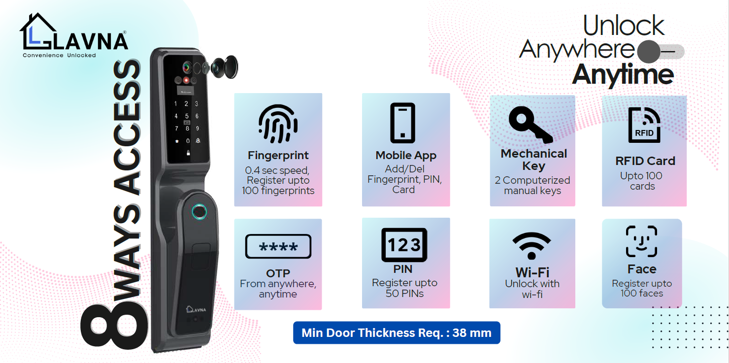 LAVNA 8-Way Premium Smart Door Lock with Camera (3 Year Warranty)