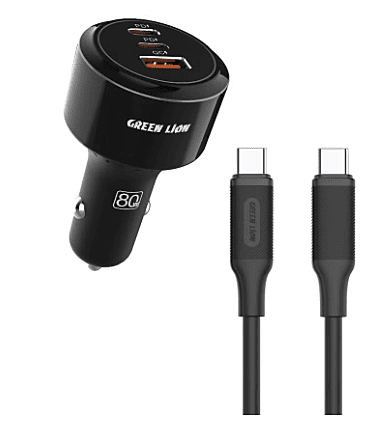 Green Lion Roadex 80W Triple Port Fast Car Charger, USB-A QC 3.0, Includes 1m C to Lightning Cable