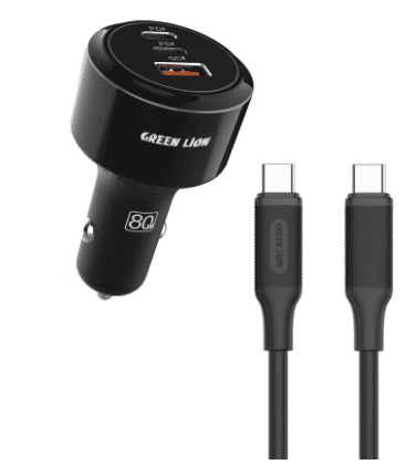 Green Lion Roadex 80W Triple Port Fast Car Charger, USB-A QC 3.0, Includes 1m C to Lightning Cable