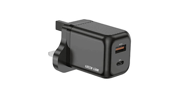Green Lion Ultra Compact 45W GaN Wall Charger, Dual Port PD+QC Fast Charging, UK 3-Pin Plug – Black