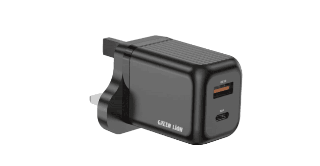 Green Lion Ultra Compact 45W GaN Wall Charger, Dual Port PD+QC Fast Charging, UK 3-Pin Plug – Black