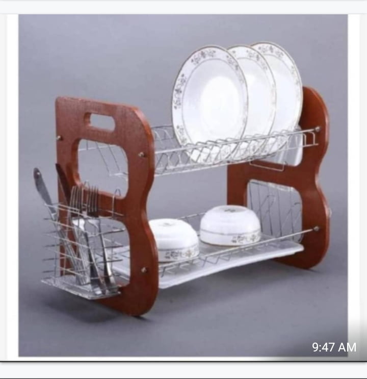2 LAYESR PLATE RACK  WITH WOOD SUPPORT  DISH DRAINER PLATE DRAINER