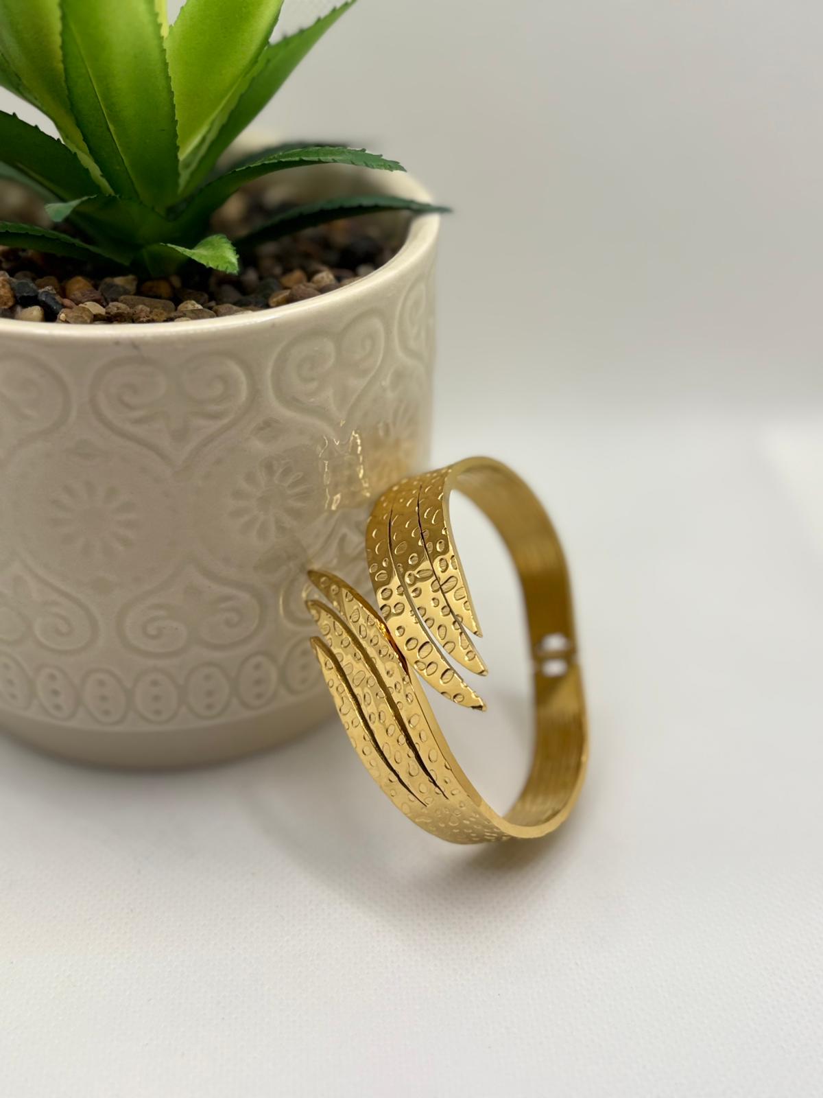 Sculptural Gold Layered Leaf Cuff Bangle