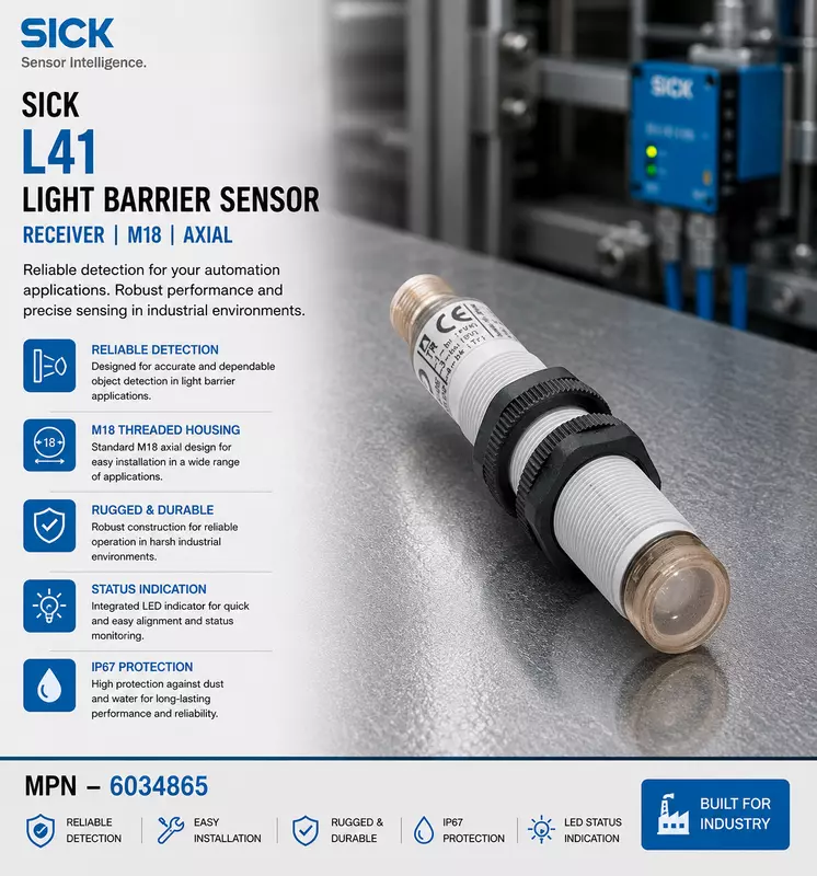 Sick Light Barrier Sensor L41 / Receiver / M18 / Axial (Plastic)