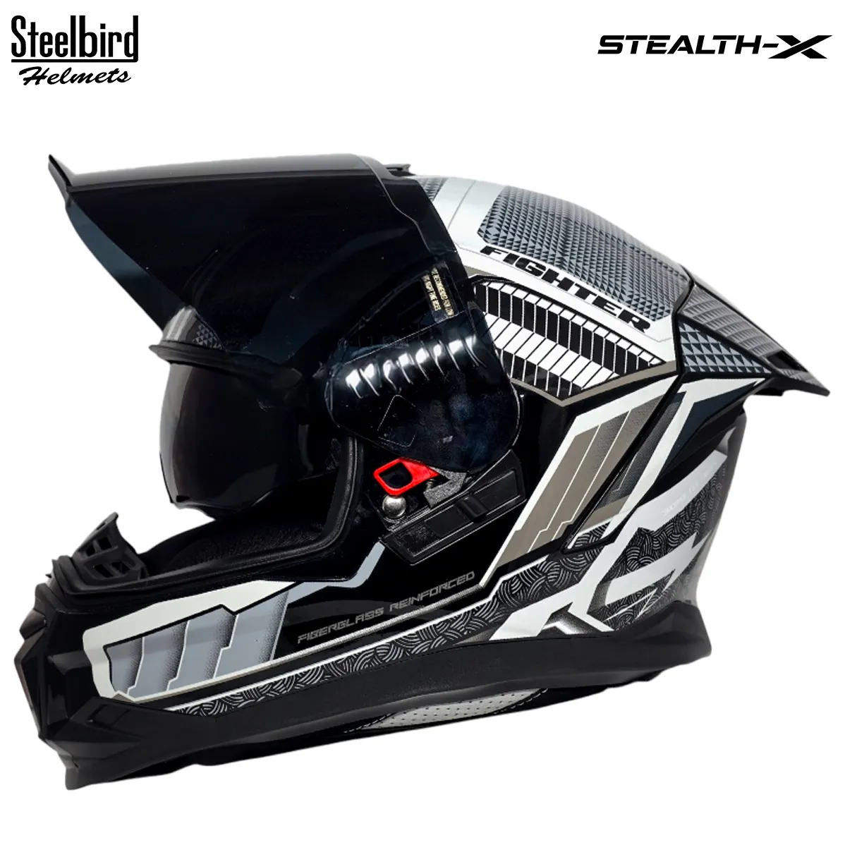 STEELBIRD SBH-57 ISS FIGHTER PYTHON GLOSSY BLACK/GREY C/V 580 MM WITH EXTRA SMOKE VISOR