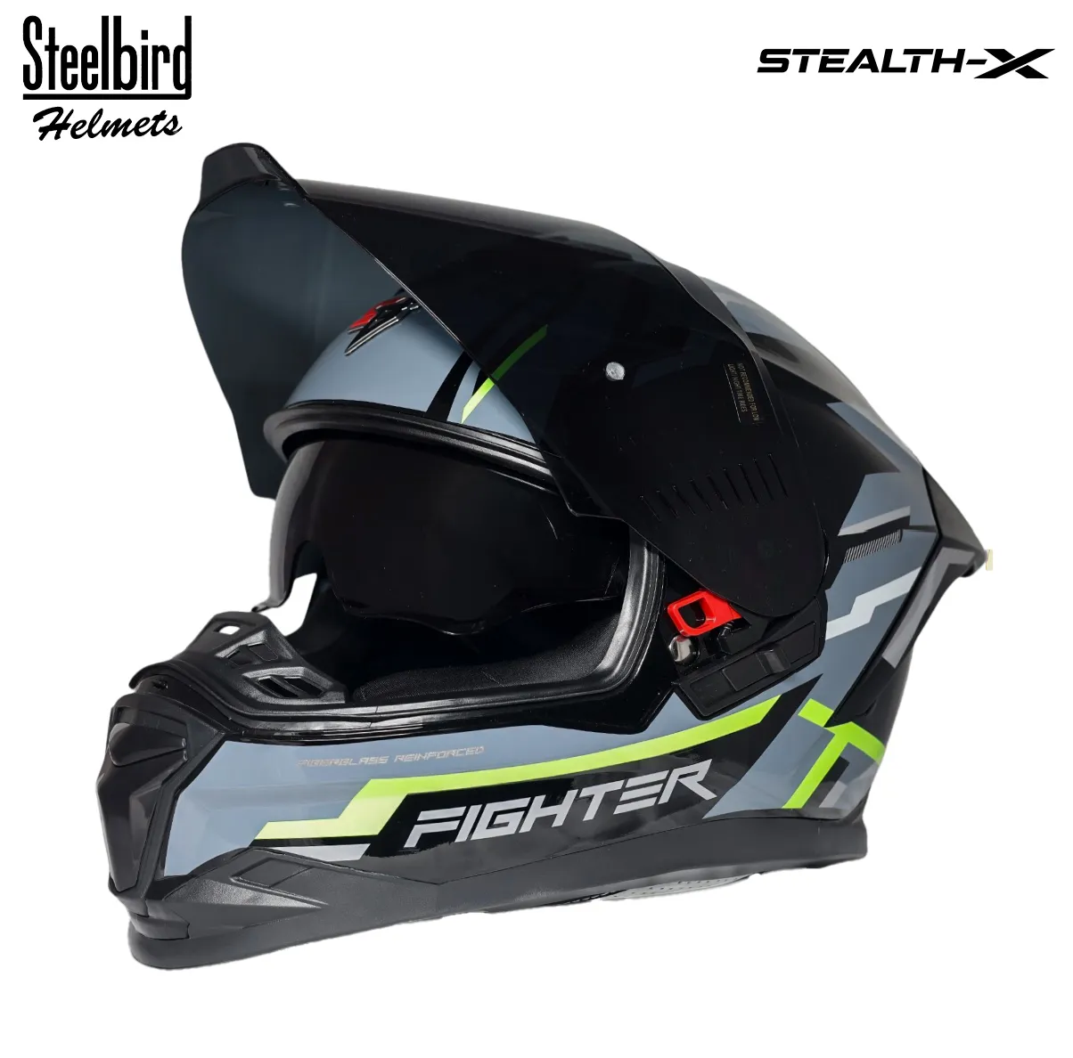 STEELBIRD SBH-57 ISS FIGHTER STEALTH X GLOSSY BLACK/NEON C/V 580MM WITH EXTRA SMOKE VISOR STEELBIRD SBH-57 ISS FIGHTER STEALTH X GLOSSY BLACK/NEON C/V 580MM WITH EXTRA SMOKE VISOR