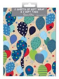 Simon Elvin 2 Gift Wrap Sheets & 2 Tags - Balloons Blue