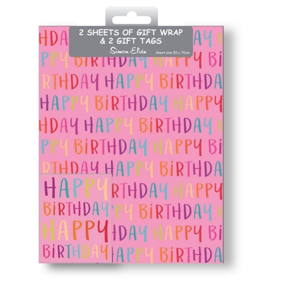 Simon Elvin 2 Gift Wrap Sheets & 2 Tags - Happy Birthday Pink