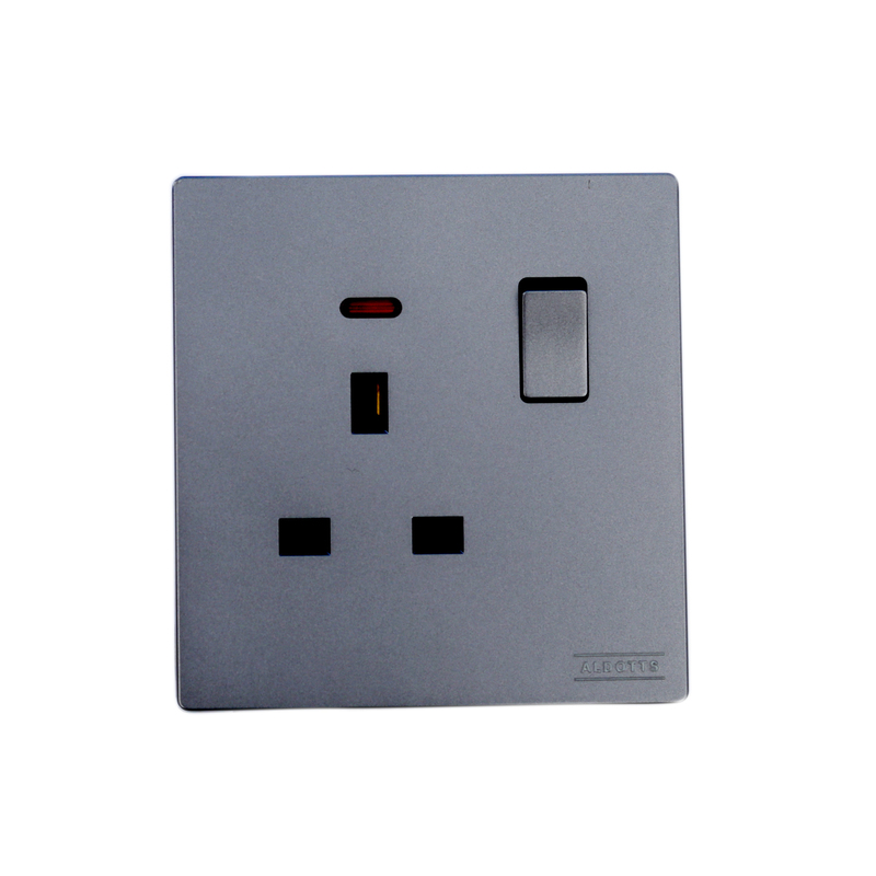Single Flat Pin Switch Socket With Neon - Grey
