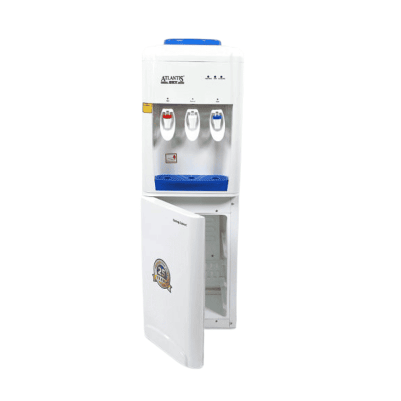 Front view of Atlantis Sky hot and cold water dispenser featuring a built-in cooling cabinet.