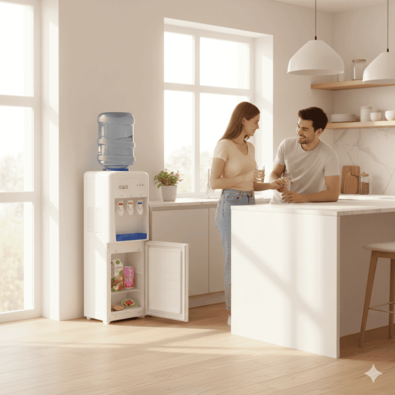 Atlantis Sky hybrid water dispenser and refrigerator unit for home and kitchen.