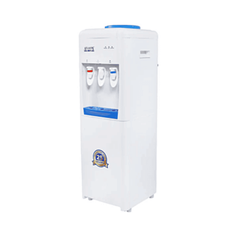 Three-tap floor standing water dispenser for hot, cold, and normal water.