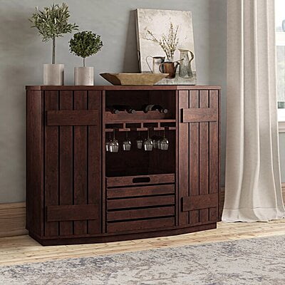 Modern Dark Wood Bar Cabinet | Liquor Storage with Wine Rack & Glass Holders